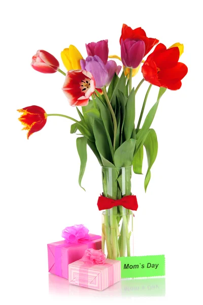 Beautiful tulips in bouquet with gifts and note isolated on white — Stock Photo, Image