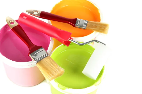 Set for painting: paint pots, brushes, paint-roller isolated on white — Stock Photo, Image