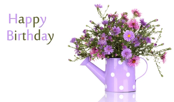 Beautiful bouquet of purple flowers in watering can isolated on white — Stock Photo, Image