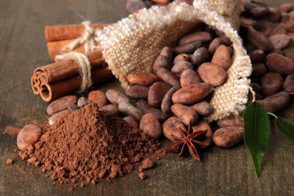 Fèves de cacao, poudre de cacao et épices sur fond de bois — Photo