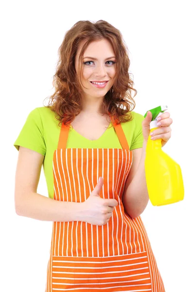 Young housewife with sprayer, isolated on white — Zdjęcie stockowe