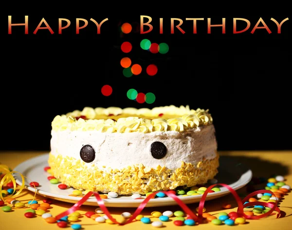 Happy birthday cake, on black background — Stock Photo, Image