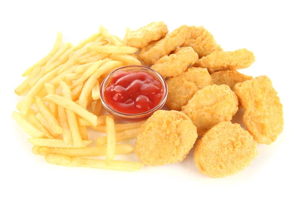 Fried chicken nuggets with french fries and sauce isolated on white — Stock Photo, Image