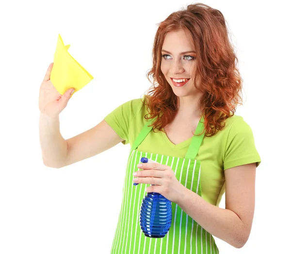 Young woman cleaning windows with sprayer and sponge, isolated on white — Stock Photo, Image