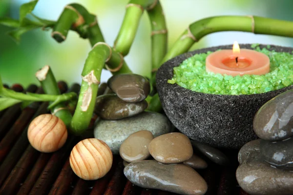 Still life with green bamboo plant and stones, on bamboo mat, on bright background — Stock Photo, Image