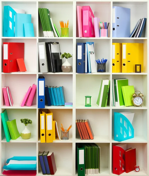 White office shelves with different stationery, close up — Stock Photo, Image