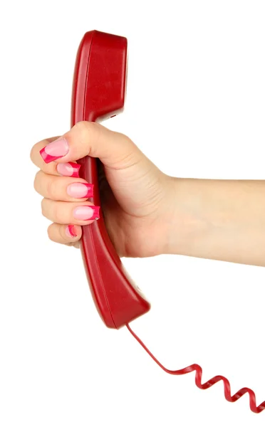 Mano femenina con auricular de teléfono giratorio, aislada en blanco —  Fotos de Stock