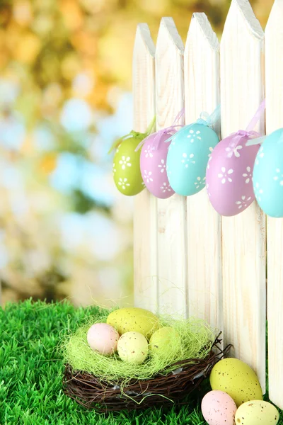 Arte fundo de Páscoa com ovos pendurados na cerca — Fotografia de Stock