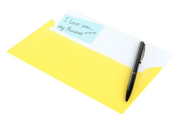 封筒にペンを白で隔離される注意してください。 — ストック写真