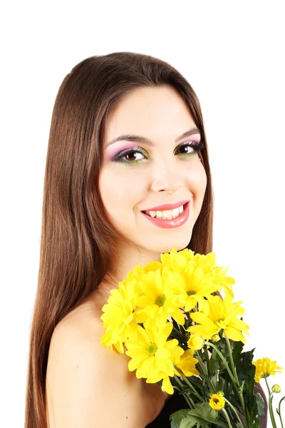 Young beautiful girl with nice flowers in her hand, isolated on white — Stock Photo, Image