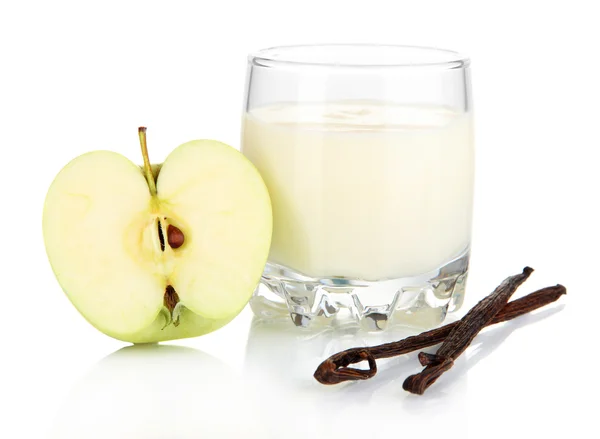 Delicious yogurt in glass with apple isolated on white — Stockfoto