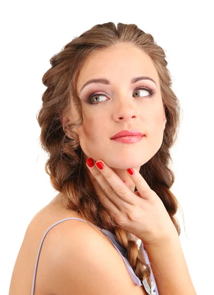 Jovem com penteado bonito, isolado em branco — Fotografia de Stock