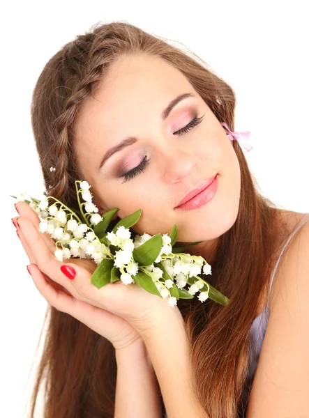 年轻女子用漂亮的发型和鲜花，孤立在白色 — 图库照片