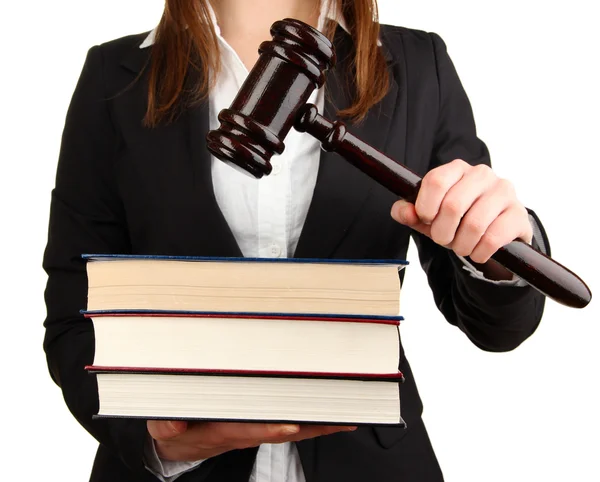 Woman holding wooden gavel and law books isolated on white — Stock Photo, Image