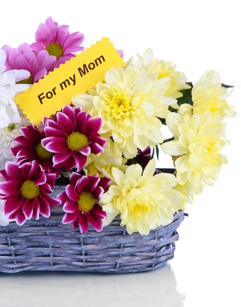 Bouquet of beautiful chrysanthemums in wicker basket isolated on white — Stock Photo, Image