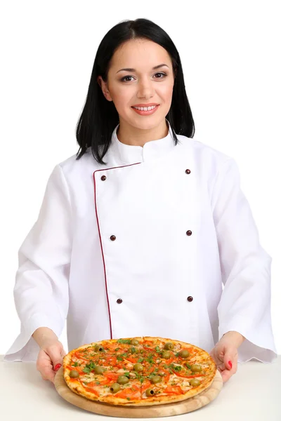Güzel kız Şef-tencere üzerinde beyaz izole pizza ile — Stok fotoğraf