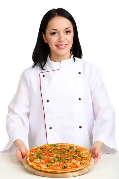 Hermosa chica jefe de cocina con pizza aislada en blanco —  Fotos de Stock