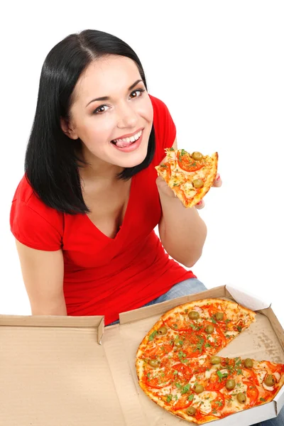 Vacker flicka äter pizza isolerad på vit — Stockfoto