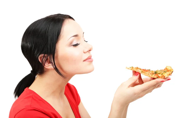 Bella ragazza mangia pizza primo piano isolato su bianco — Foto Stock