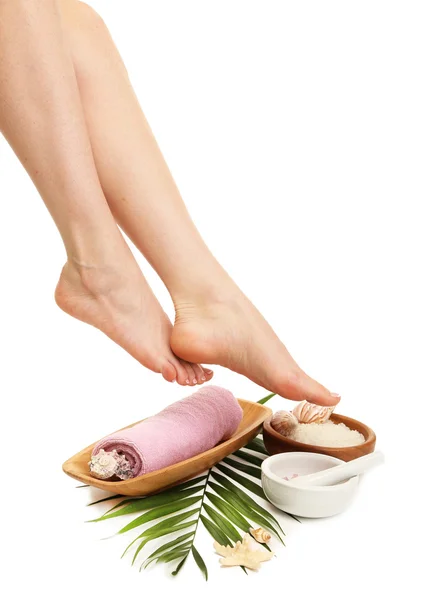 Female feet with towel - spa concept, isolated on white — Stock Photo, Image