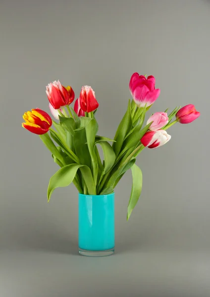 Hermosos tulipanes en cubo sobre fondo gris — Foto de Stock