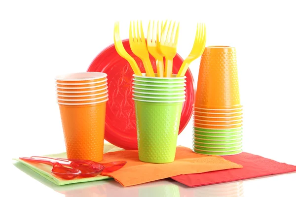 Multicolored plastic tableware isolated on white — Stock Photo, Image