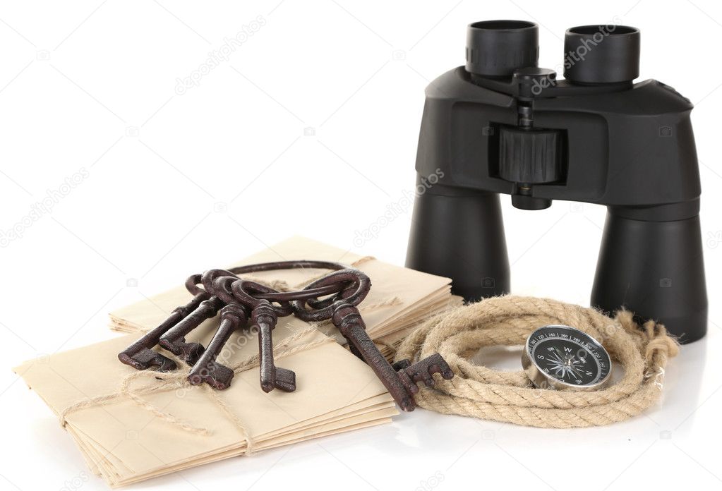 Black modern binoculars with old keys and letters isolated on white