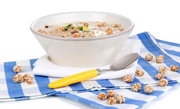 Harina de avena útil en tazón aislado en blanco —  Fotos de Stock