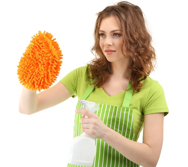 Young woman cleaning windows with sprayer and sponge, isolated on white — Stock Photo, Image