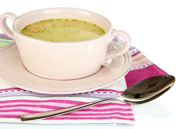 Nahrhafte Suppe mit Gemüse in der Pfanne isoliert auf weiß — Stockfoto