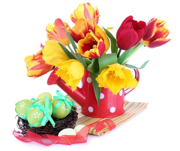 Easter composition with fresh tulips and easter eggs isolated on white — Stock Photo, Image