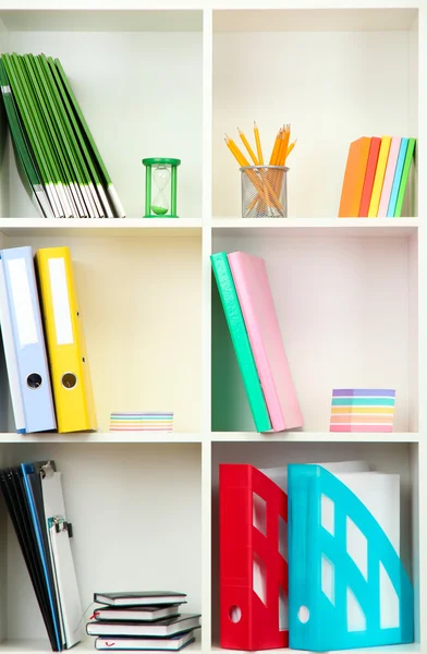 White office shelves with different stationery, close up — Stock Photo, Image