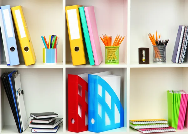 White office shelves with different stationery, close up — Stock Photo, Image