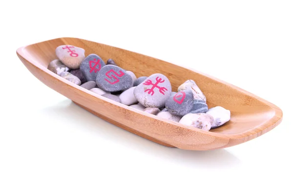 Fortune mondja a szimbólumok a fából készült bowl elszigetelt fehér kövek — Stock Fotó