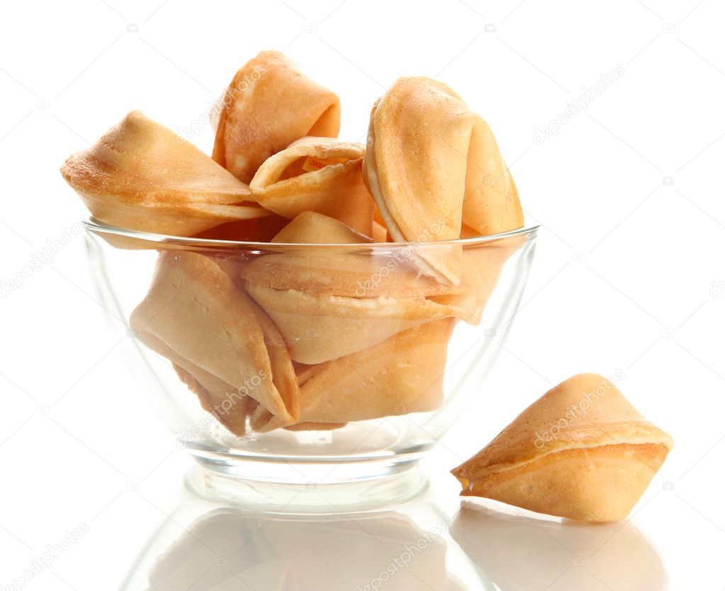 Fortune cookies in bowl, isolated on white