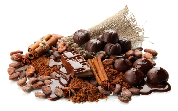 Composición de dulces de chocolate, cacao y especias, aislados en blanco — Foto de Stock