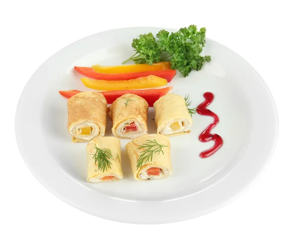Egg rolls with cheese cream and paprika,on plate, isolated on white — Stock Photo, Image