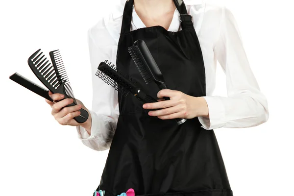 Hairdresser in uniform with working tools, isolated on white — Stock Photo, Image
