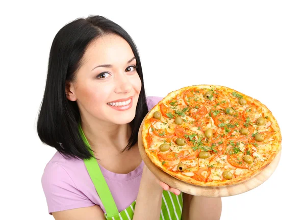 Meisje huisvrouw met heerlijke pizza geïsoleerd op wit — Stockfoto