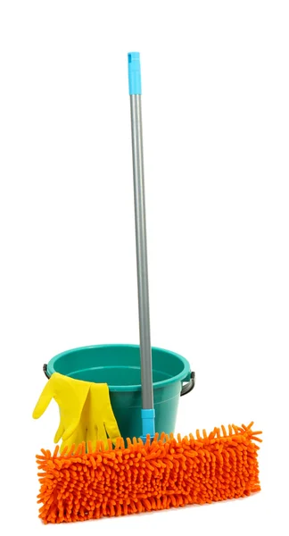 Mop, plastic bucket and rubber gloves, isolated on white — Stock Photo, Image