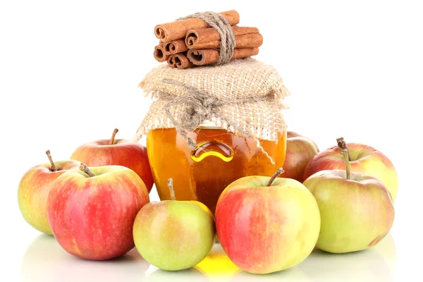 Honey and apples with cinnamon isolated on white — Stock Photo, Image