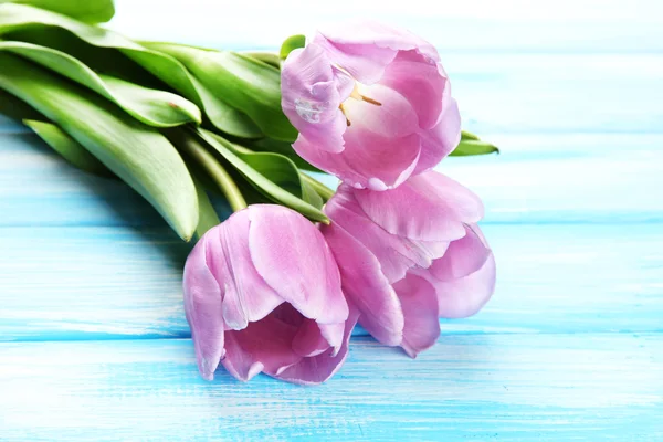Belo buquê de tulipas roxas em fundo de madeira azul — Fotografia de Stock