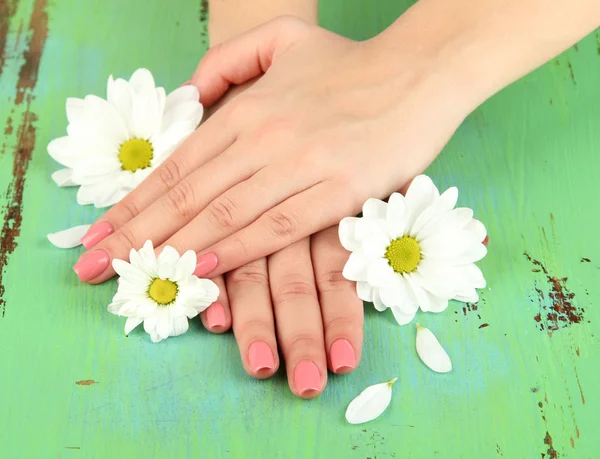 Kvinna händer med rosa manikyr och blommor, färg bakgrunden — Stockfoto