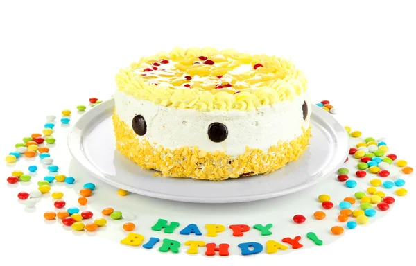 Zadowolony urodziny tort, na białym tle — Zdjęcie stockowe
