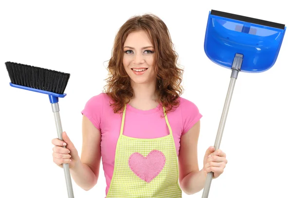 Young housewife with broom and dustpan, isolated on white — Stock Photo, Image