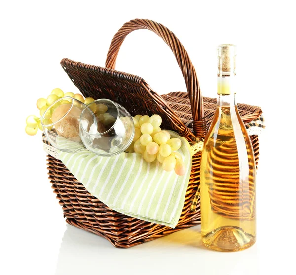 Picnic basket with grape and bottle of wine, isolated on white — Stock Photo, Image