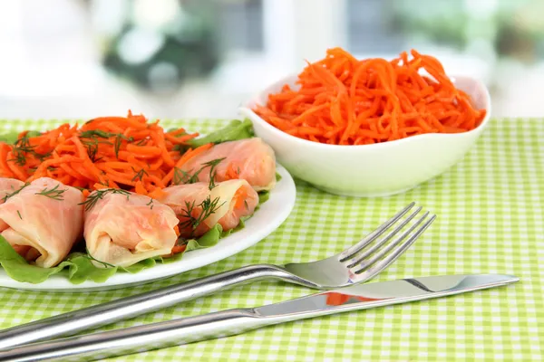 Stuffed cabbage rolls on table in room — Stock Photo, Image