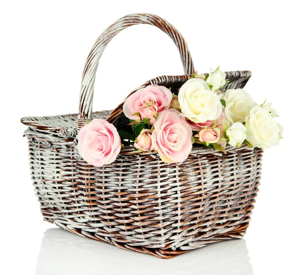 Picnic basket with flowers, isolated on white — Stock Photo, Image