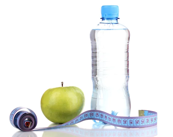 Bottle of water, apple and measuring tape isolated on white Stock Picture