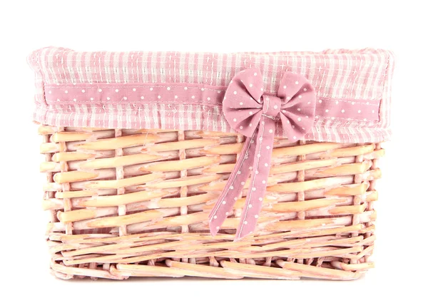 Beautiful basket with bow isolated on white — Stock Photo, Image